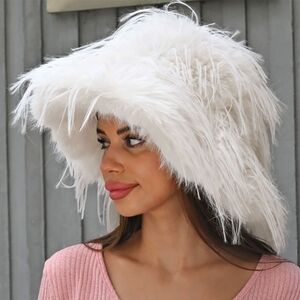 Beige Winter Feather Fluffy Oversized Fur Bucket Hat Trendy Fashion Accessory